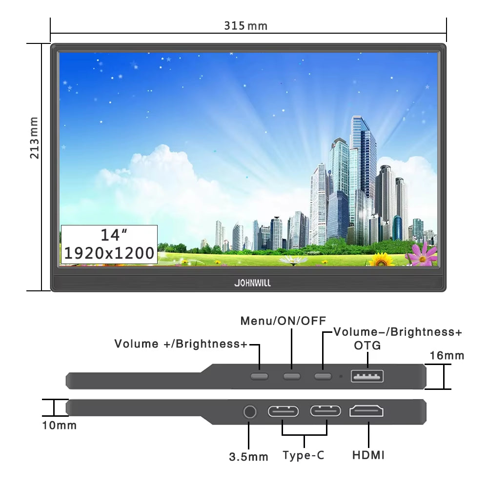 Portable Monitor 14"/16" 1920X1200 IPS Panel 16:10 Touchscreen Travel Display Type-C HDMI Compatible with Laptop Switch Xbox