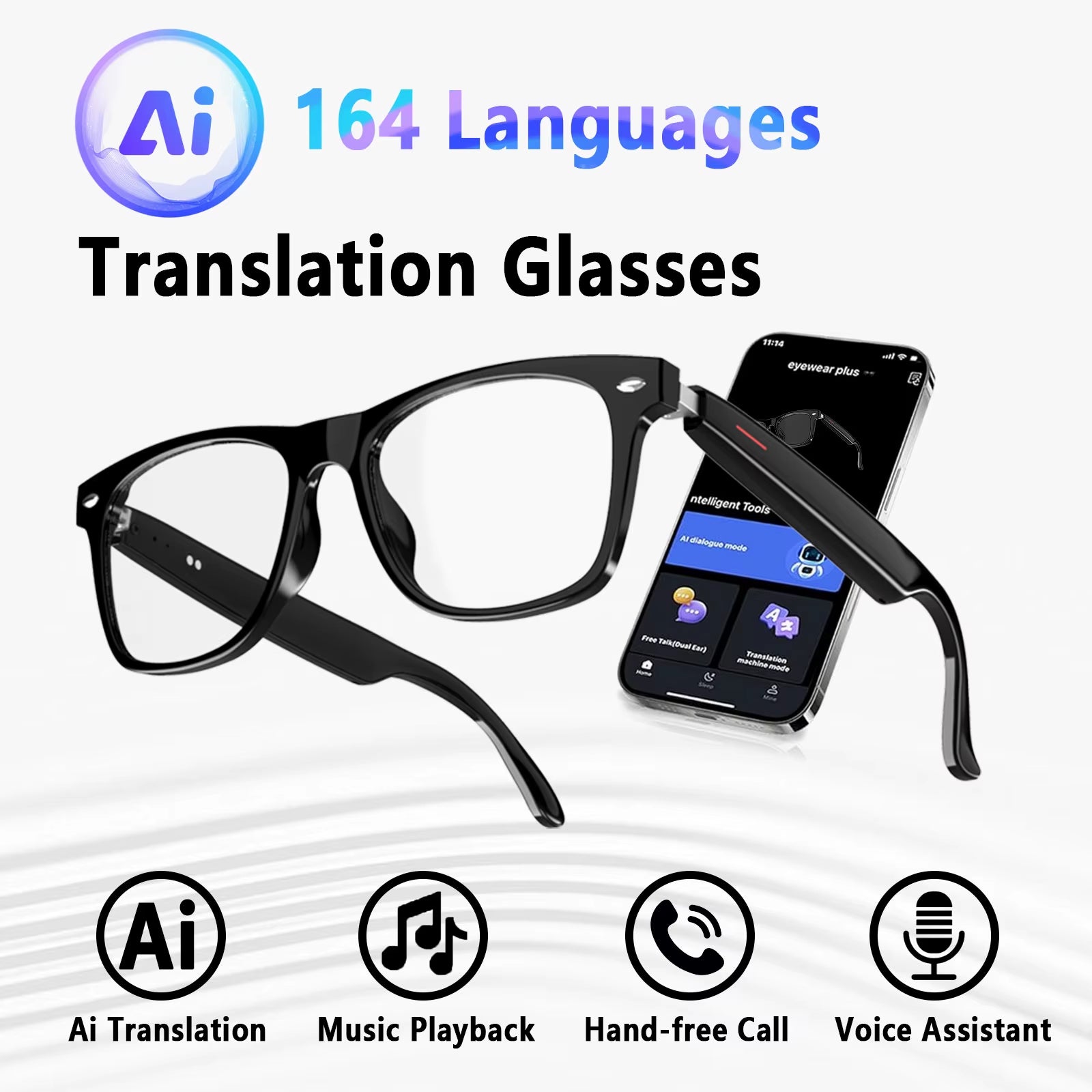 Smart AI Translation Glasses Equipped with Anti-Blue Light Lenses, Supporting Real-Time Application Translation in 164 Languages