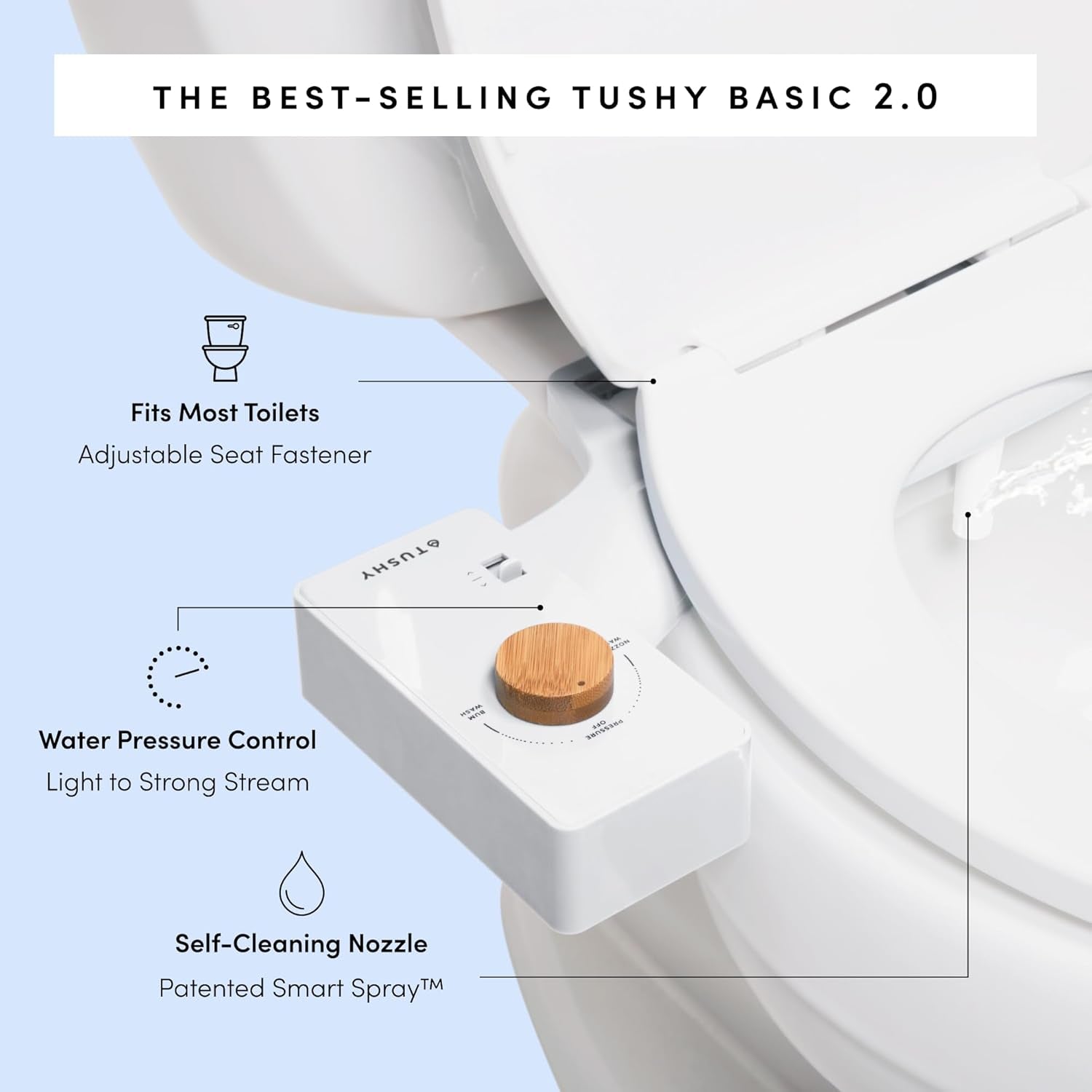 TUSHY Basic 2.0 Bidet Toilet Seat Attachment | a Non-Electric Self Cleaning Water Sprayer W/Adjustable Water Pressure Nozzle, Angle Control & Easy Home Installation (White/Bamboo)