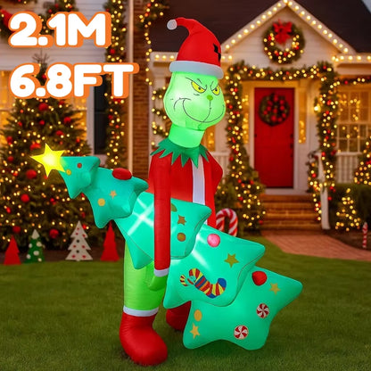 2.1M/6.8FT Grinch Holding Christmas Tree Inflatable Model Christmas Decor LED Lights Holiday Outdoor Decor Home Yard Party Toy