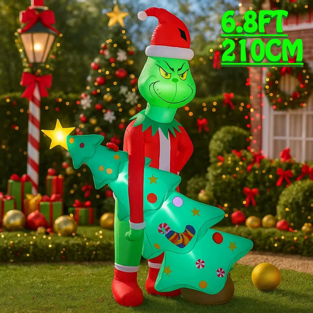 2.1M/6.8FT Grinch Holding Christmas Tree Inflatable Model Christmas Decor LED Lights Holiday Outdoor Decor Home Yard Party Toy